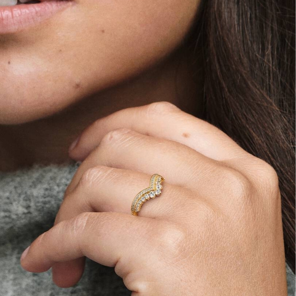 Pandora Gold Pavé V-Shape Timelss Wish Tiara Ring with Clear Stones